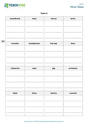 ESL Music Game, upper-intermediate B2, word association, describing, guessing, group work