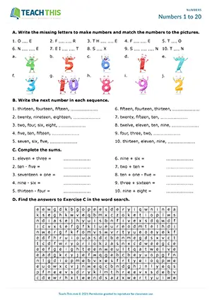 ESL Numbers Worksheet, beginner A1, forming words, matching, sequencing, sums, word search
