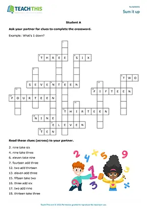 ESL Numbers Crossword, beginner A1, crossword, sums, pair work