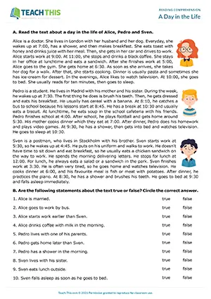 ESL reading comprehension worksheet preview for A Day in the Life, pre-intermediate A2, present simple, reading, true or false, gap-fill, short answer, writing