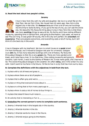 ESL reading comprehension worksheet preview for A Tale of Two Cities, elementary A1-A2 level, gap-fill, binary choice, true or false, comprehension questions, speaking activity