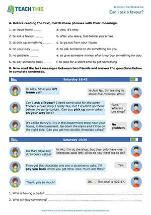 ESL reading comprehension worksheet preview for Can I ask a favour?, pre-intermediate A2, matching, short answer questions, multiple choice, gap-fill, discussion