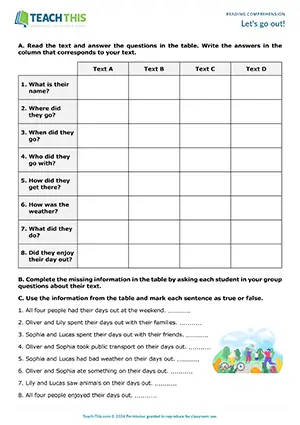 ESL reading comprehension activity preview for Let's go out!, elementary A1-A2, jigsaw reading, information gap, table completion, true or false, group work