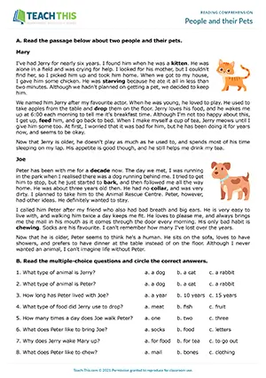ESL reading comprehension worksheet preview for People and their Pets, pre-intermediate A2, multiple choice, matching, gap-fill, short answer questions