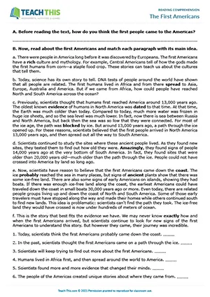 ESL reading comprehension worksheet preview for The First Americans, upper-intermediate B2, matching, identifying, comprehension questions