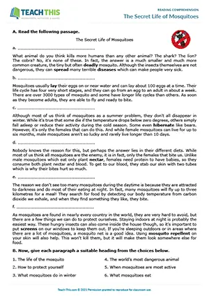 ESL reading comprehension worksheet preview for The Secret Life of Mosquitoes, upper-intermediate B2, labelling, multiple choice, matching, comprehension questions