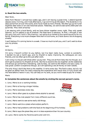 ESL reading comprehension worksheet preview for Two Holidays, pre-intermediate A2, multiple choice, matching, unscrambling, speaking activity