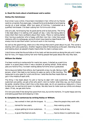 ESL reading comprehension worksheet preview for Two Jobs, intermediate B1, gap-fill, matching, comprehension questions, group game