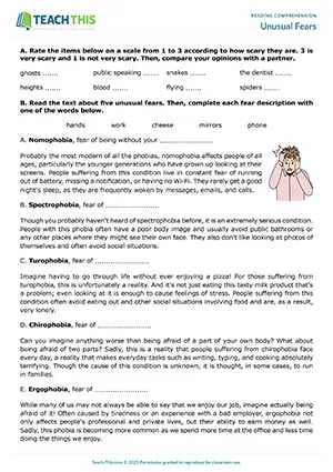 ESL reading comprehension worksheet preview for Unusual Fears, intermediate B1, gap-fill, matching, comprehension questions, pair work