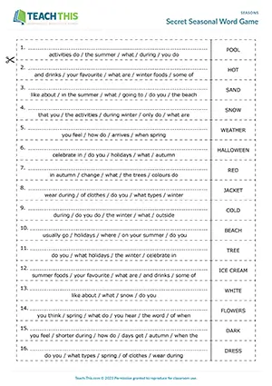 ESL seasons vocabulary game preview for Secret Seasonal Word Game, pre-intermediate A2, unscrambling, guessing, speaking