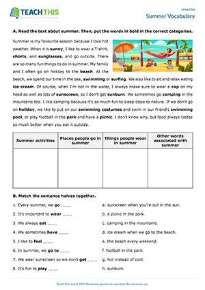 Summer Vocabulary Worksheet Preview