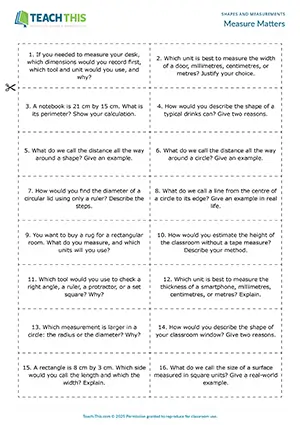 ESL shapes and measurements activity preview for Measure Matters, upper-intermediate B2, asking and answering questions, discussion, freer and communicative practice, group work