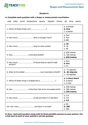 ESL shapes and measurements quiz preview for Shapes and Measurements Quiz, pre-intermediate A2, gap-fill, asking questions, group work