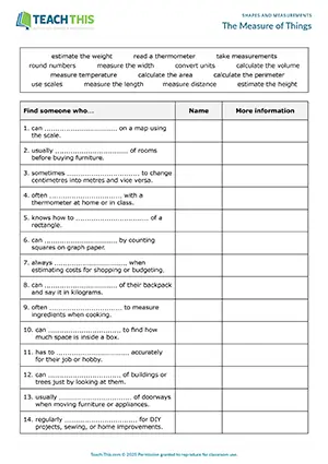 ESL shapes and measurements activity preview for The Measure of Things, intermediate B1, gap-fill, asking and answering questions, controlled and freer practice