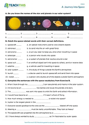 ESL space worksheet preview for A Journey into Space, upper-intermediate B2, labelling, matching, gap-fill, multiple choice, drawing, describing
