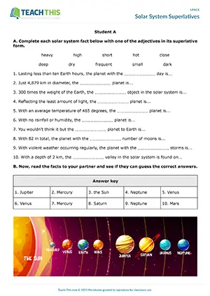 ESL planets activity preview for Solar System Superlatives, intermediate B1, speaking, gap-fill, reading sentences, guessing