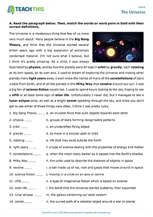ESL the universe worksheet preview for The Universe, upper-intermediate B2, matching, gap-fill, true/false, questions, pair work