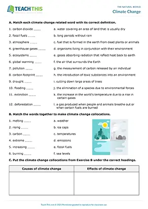 ESL Climate Change Worksheet Advanced C1 matching, categorising, gap-fill, discussing solutions, pair work