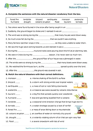 ESL Natural Disasters Worksheet Upper-intermediate B2 gap-fill, matching, discussion, multiple-choice, pair work
