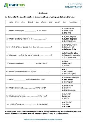 ESL Natural World Activity for Elementary A1-A2, gap-fill, multiple-choice, guessing, pair work