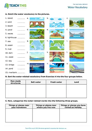 ESL Water Worksheet Intermediate B1 matching, categorising, crossword, question completion, freer practice