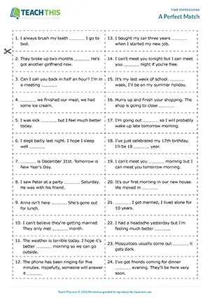ESL time expressions game preview for pre-intermediate A2 with matching and card sentence completion