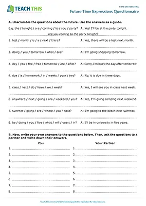 ESL future time expressions activity preview for pre-intermediate A2 with unscrambling, writing, and pair questions