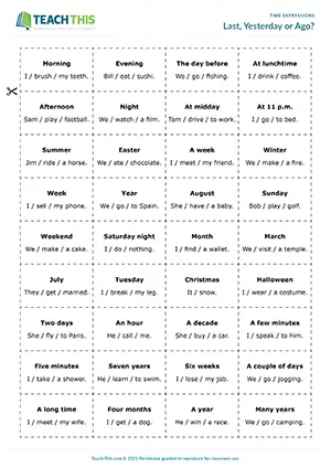 ESL past time expressions game preview for pre-intermediate A2 with matching, sentence prompts, and group work