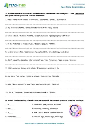 ESL past time expressions worksheet preview for intermediate B1 with unscrambling, matching, and pair questions