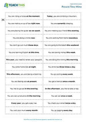 ESL present time expressions game preview for intermediate B1 with miming, guessing and sentence formation
