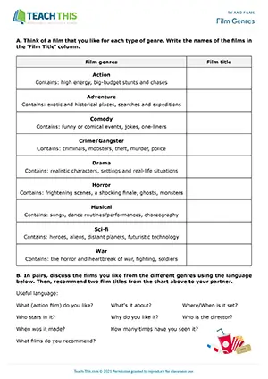 ESL film genres activity preview for intermediate B1 showing table completion and film recommendations