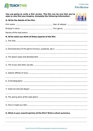 ESL film review worksheet preview for upper-intermediate B2 with writing exercises and review presentations
