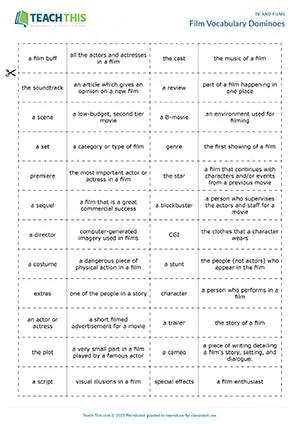 ESL film and cinema vocabulary dominoes game preview for advanced C1 with matching film words and definitions