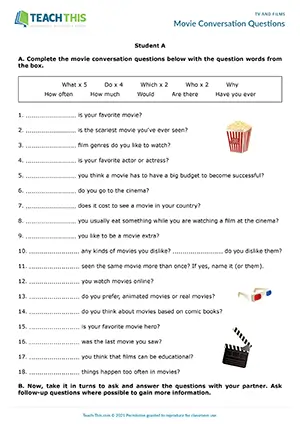 ESL movie conversation questions activity preview for intermediate B1 with gap-fill and speaking practice