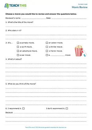 ESL movie review activity preview for intermediate B1 with vocabulary matching and group review discussions