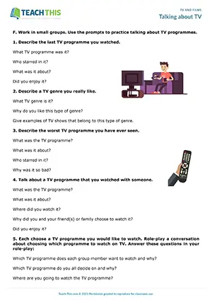 ESL TV programmes lesson preview for intermediate B1 with genre vocabulary, guided prompts, and group discussion
