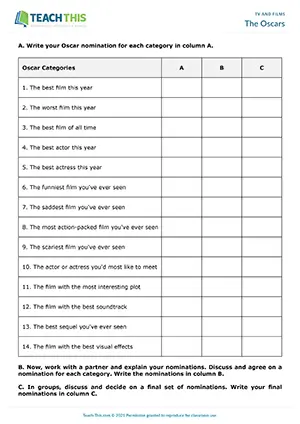 ESL film awards discussion activity preview for upper-intermediate B2 with nominations, opinions, and group debate