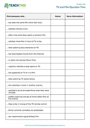 ESL TV and film question time activity preview for intermediate B1 with prompts and classroom speaking
