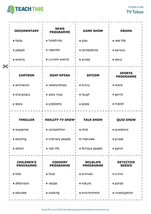 ESL describing TV programmes game preview for upper-intermediate B2 with vocabulary cards and guessing