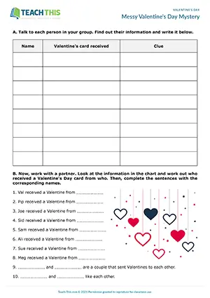 ESL Valentine's Day mystery activity preview for intermediate B1 showing speaking, chart completion, and pair work