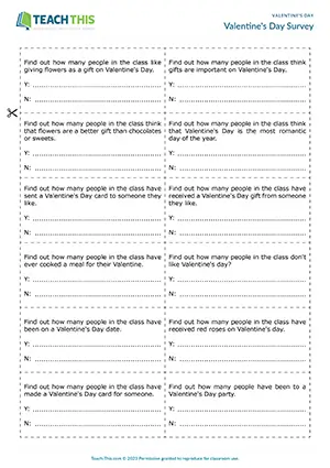 ESL Valentine's Day activity survey preview for pre-intermediate A2 showing question prompts and group discussion