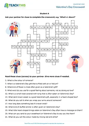 ESL Valentine's Day crossword activity preview for intermediate B1 showing clues, guessing, and pair work