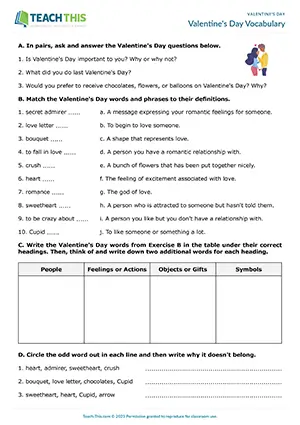 ESL Valentine's Day vocabulary worksheet preview for upper-intermediate B2 with matching, categorising, sentence completion and pair questions