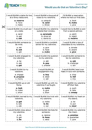 ESL Valentine's Day game preview for upper-intermediate B2 with multiple-choice gap-fill, idioms, and guided discussion