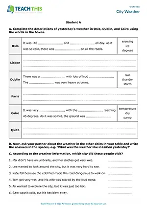 ESL weather activity preview for pre-intermediate A2 showing gap-fill, information gap, and matching weather information