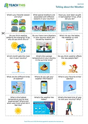 ESL weather discussion activity preview for upper-intermediate B2 with group questions, guided discussion, and conversation cards