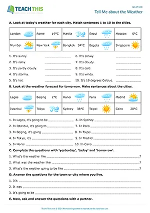 ESL weather adjectives worksheet preview for elementary A1-A2 showing matching, sentence completion, and pair questions