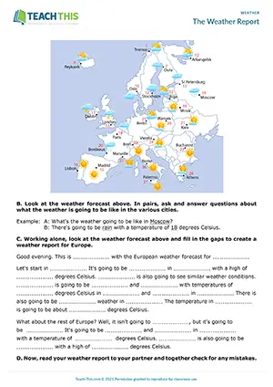 ESL weather report activity preview for intermediate B1 showing reading, gap-fill, and weather map questions