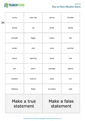 ESL weather game preview for intermediate B1 featuring vocabulary cards, true or false questions, and group interaction