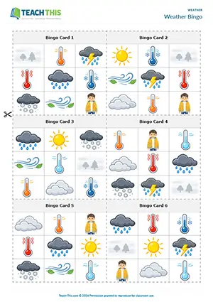 ESL weather vocabulary game preview, beginner A1, bingo, matching